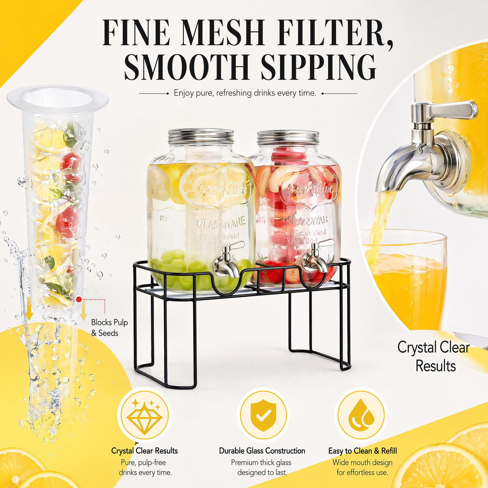2 x 6L Glas-Getränkespender mit Ständer, Getränkespender, Glas-Wasser-Saft-Spender mit Zapfhahn aus massivem Edelstahl für geeiste Säfte, Wasser, hausgemachte Getränke, Partys, Hochzeiten