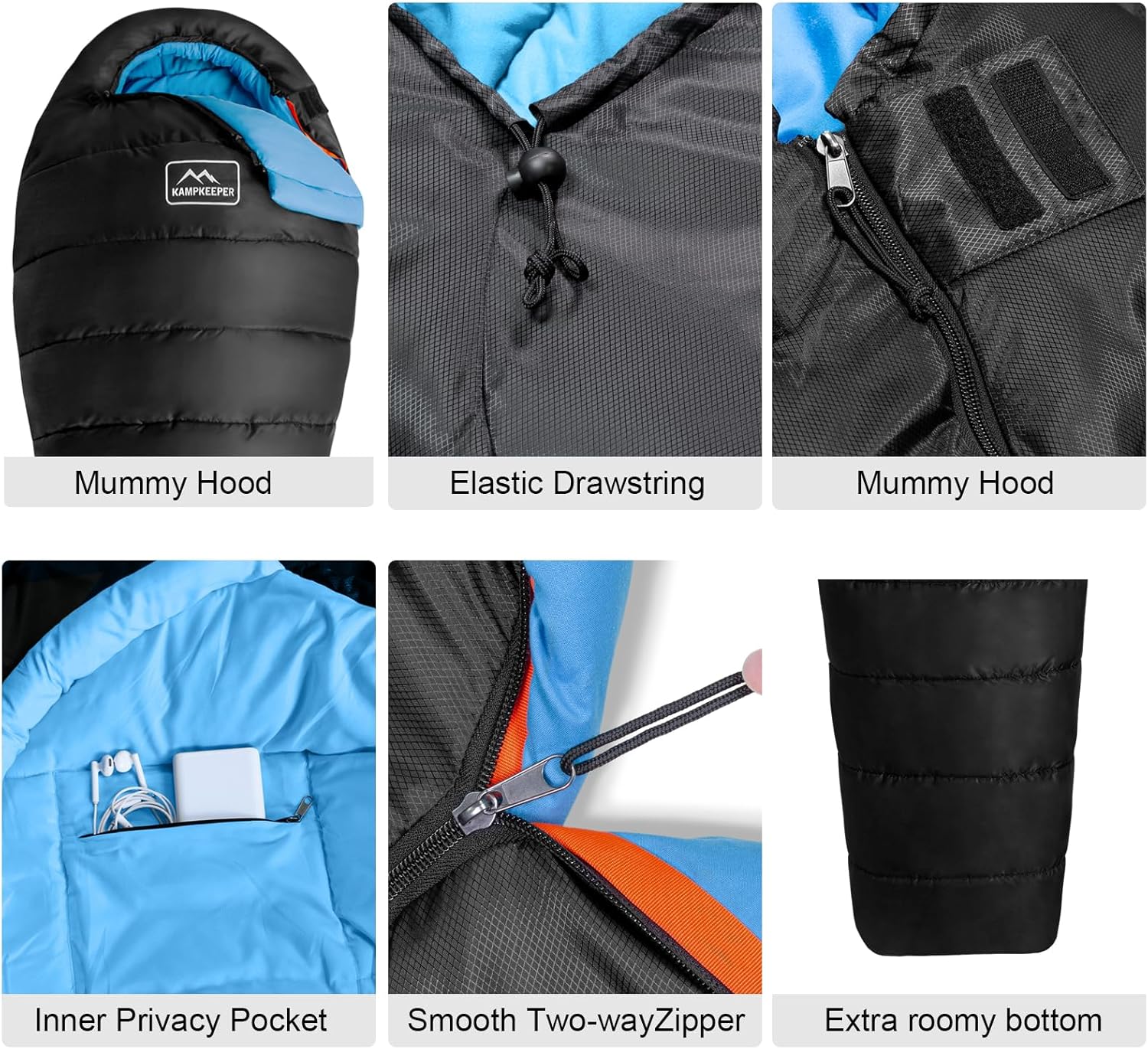 KAMPKEEPER Mummy Sleeping Bag, Cold Weather Camping Sleeping Bag, 32℉ 3-4 Seasons Adults Sleeping Bag, Non-Snag Zipper with Adjustable Hood for Backpacking, Hiking - Image 5
