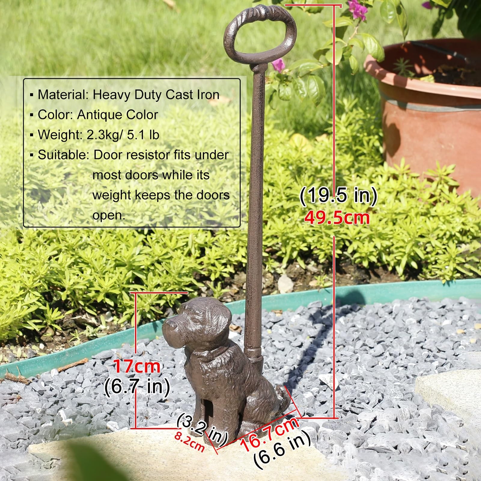 Tope de Puerta de Hierro Fundido 100% para Puertas Pesadas, 2,3Kg Tope De Puerta con Peso para Exteriores Patio Jardín Casa De Campo Altura 49,5cm