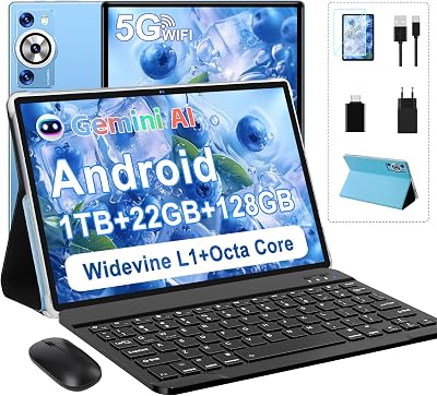 2026 Último Tablet 10 Pulgadas Android, 22GB RAM + 128GB ROM (TF 1TB), Octa-Core 2.0GHz, 5G WiFi, GMS, Widevine L1, 5MP+8MP, 1280*800 Pixels, Bluetooth 5.0, Tableta con Funda, Ratón & Teclado – Azul