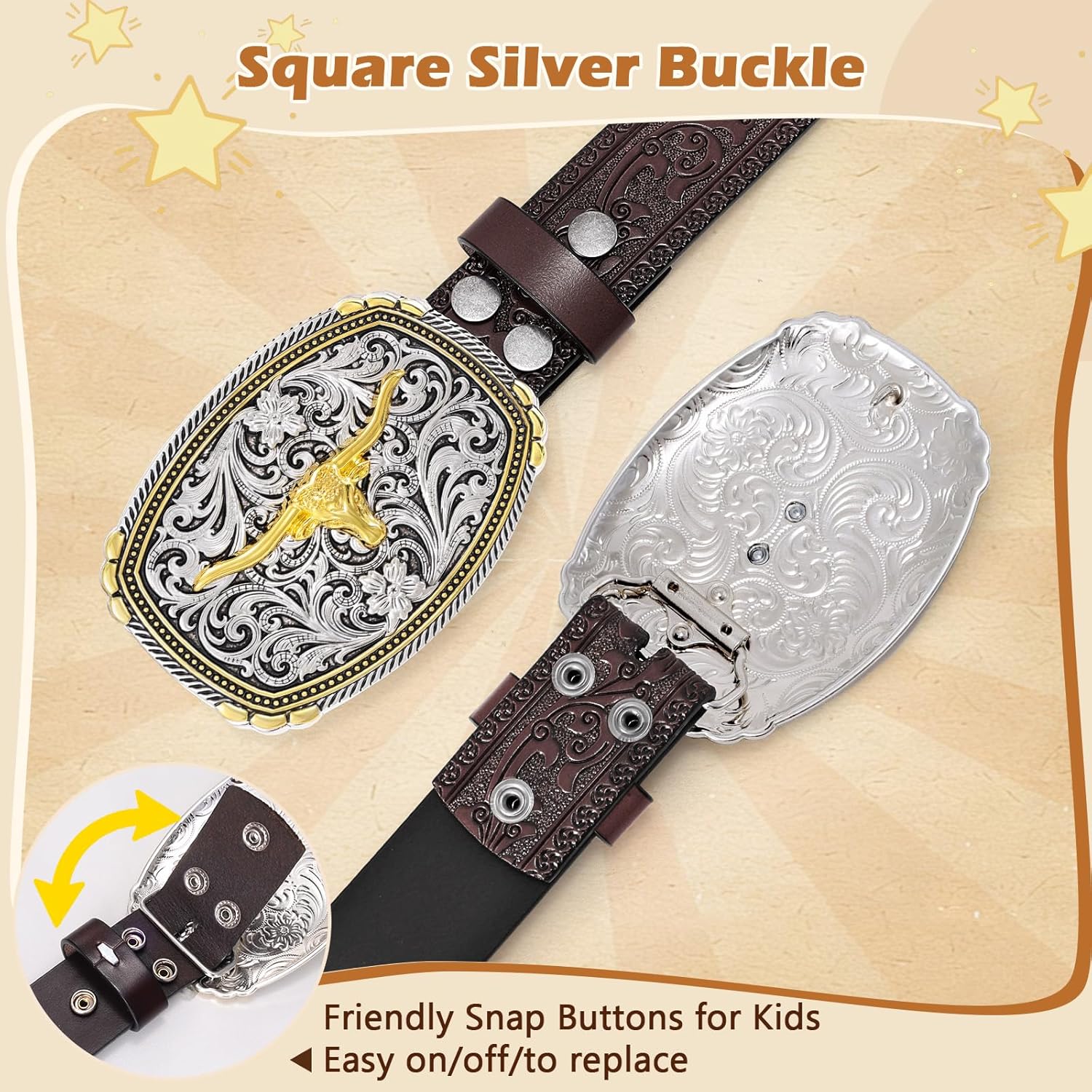 Kids Western Belt for Boys Girls Toddler Youth Genuine Leather Cowgirl Cowboy Belt with Silver Longhorn Buckle - Image 3