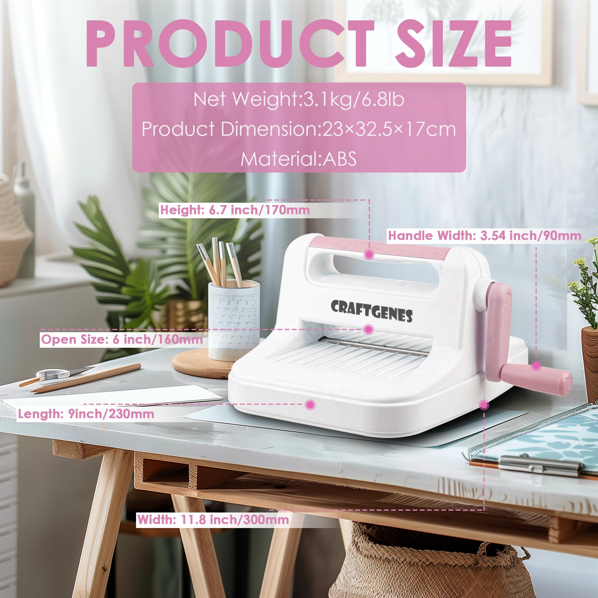 CraftGenes Stanzmaschine und Prägemaschine, 15,2 cm, Öffnungsgröße für Kartenherstellung, Scrapbooking und Bastelarbeiten, komplettes Set mit A5-Stanzformen, Prägeschablonen und Tellern (Rosa)