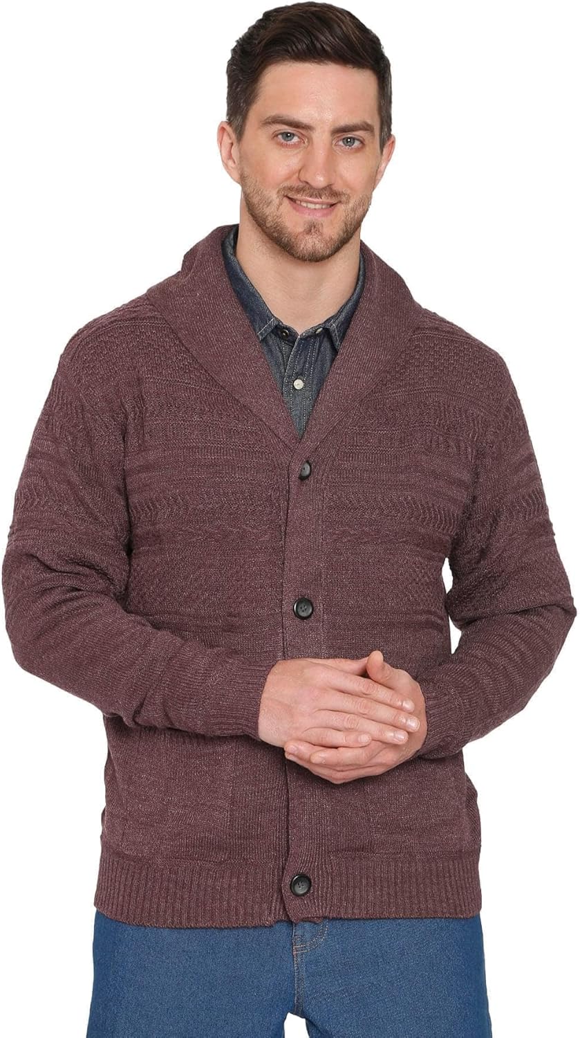 Men’s Jacquard Knit Shawl Collar Cardigan – Botton Front with Pockets