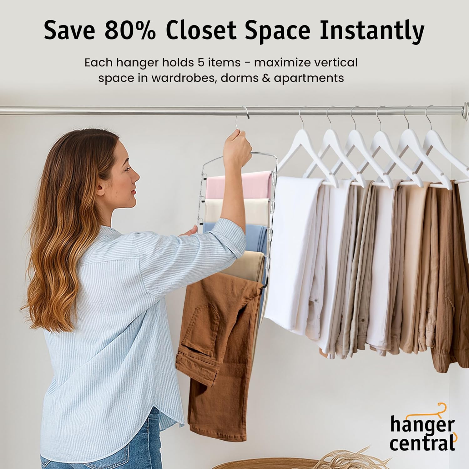Hanger Central 3 Pack Space Saving Swing Arm Pants Hangers – 5 Tier Stainless Steel Multi-Layer Closet Organizer for Jeans, Slacks, Trousers, Skirts – Non Slip Hangers for Clothes, Black