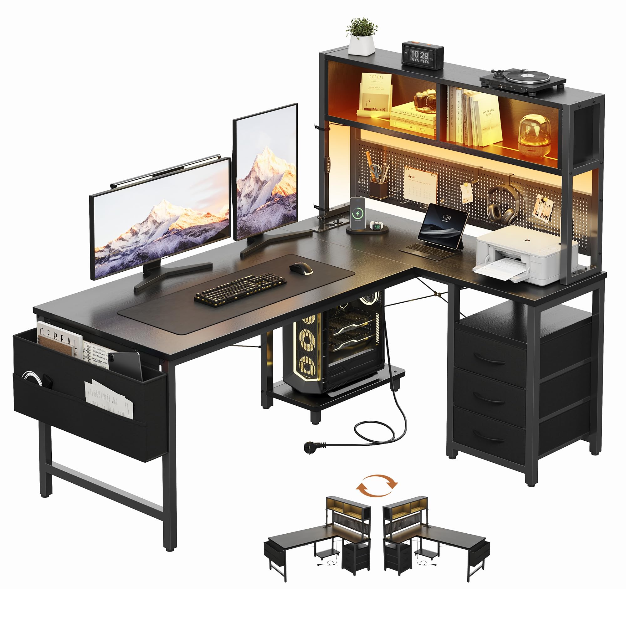 YOUDENOVA Bureau d'angle en L Réversible, Bureau Gaming avec Panneau Perforé et Étagères, Bureau avec LED et Prises, 3 Tiroirs et Poche de Rangement, Table pour Salon Domicile 135x100 cm Noir