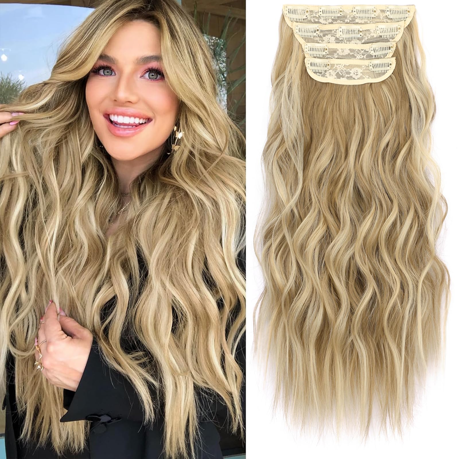 Photo 1 of *Used* KooKaStyle Clip in Synthetic Hair Extensions Long Wavy 4PCS Thick Hairpieces Light Brown mix Golden Blonde Fiber Double Weft Natural Hair Extensions 16 Inch for Women
