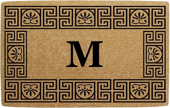 Monogram Doormat with Elegant Greco Border Design Personalized Entrance Mat Fade Resistant All Natural Coir for Outdoor Use - Available in 18" x 30" and 24" x 39". 24" x 39", Monogram M
