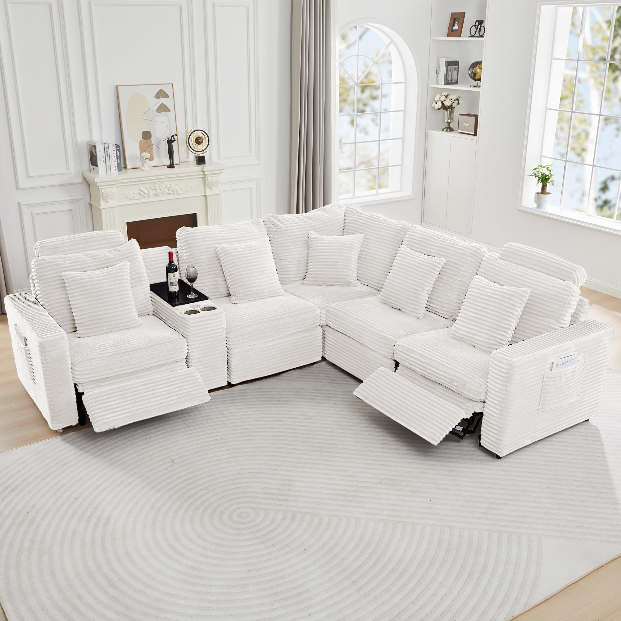 LEVNARY 5-Seat L Shaped Modular Sectional Sofa with Power Recliners, Faux Rabbit Fur Upholstery, Storage Console with Charging Ports & Cup Holders, Living Room Couch Set for Home Office (White)