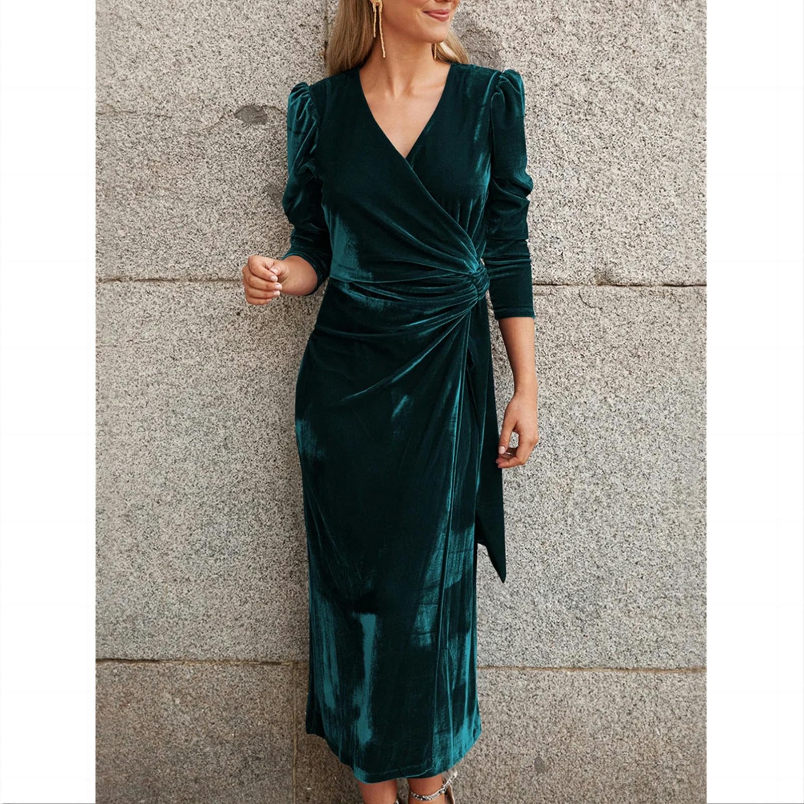 Sukienki damskie elegancka sukienka midi bodycon damska jednolity kolor dekolt w serek wiązana sukienka z długim rękawem