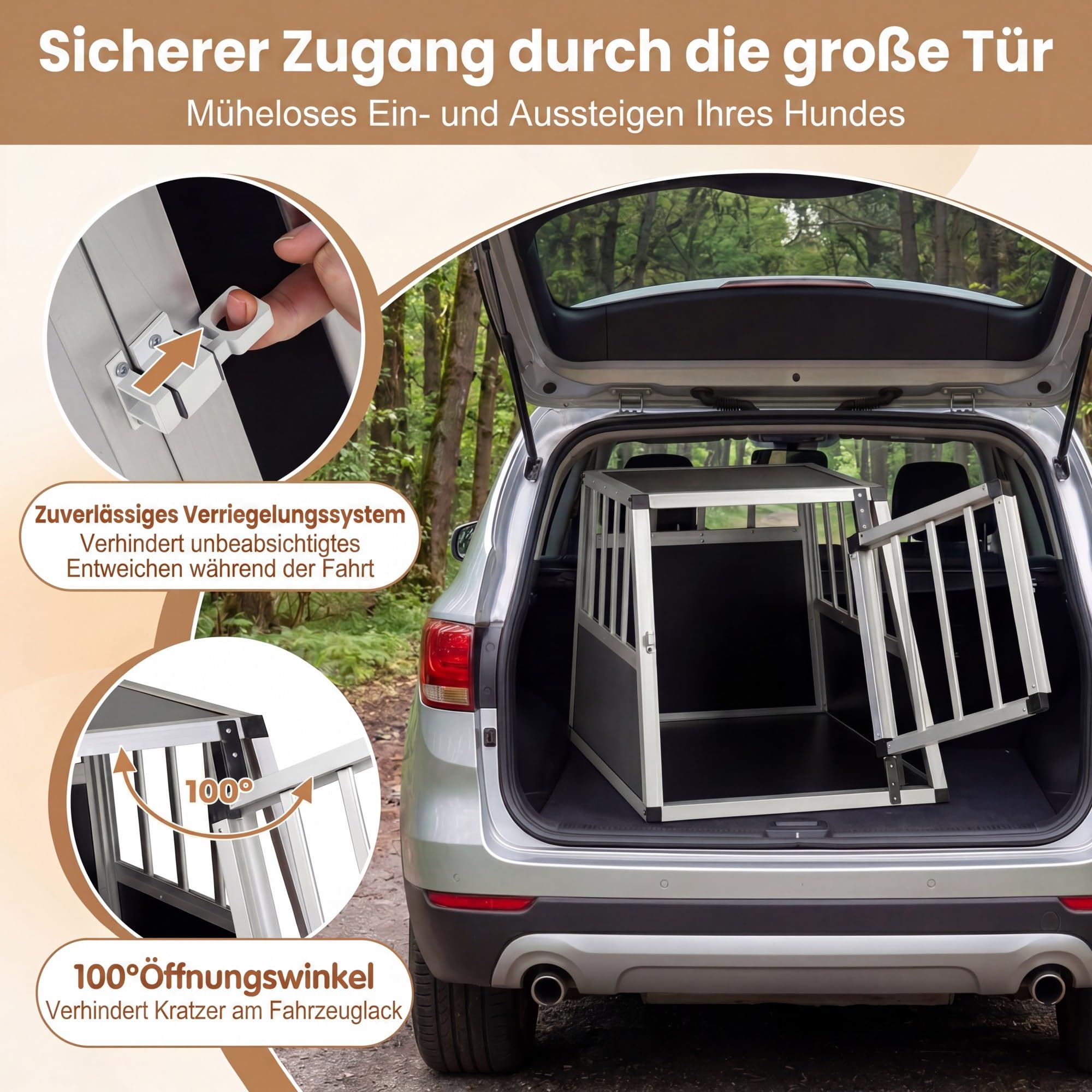 DREAMADE Transportbox Hund Alu, Hundebox Auto Kofferraum (69x54 x 50cm) | trapezförmig hundetransportbox mit abschließbarer Tür & herausnehmbarer Trennwand ür kleine Hunde & Katzen