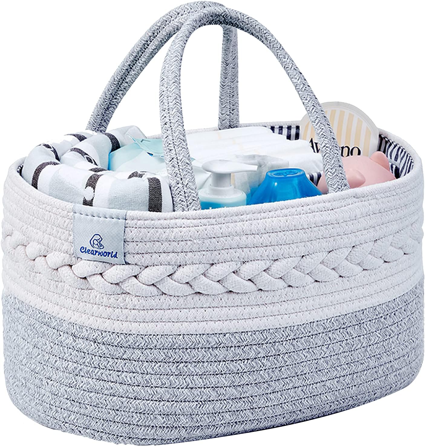 Clearworld Baby Diaper Caddy Organizer - 100% Cotton Rope Nursery Storage Bin for Changing Table and Car,Portable Diaper Caddy Basket for Boys and Girls (Grey)
