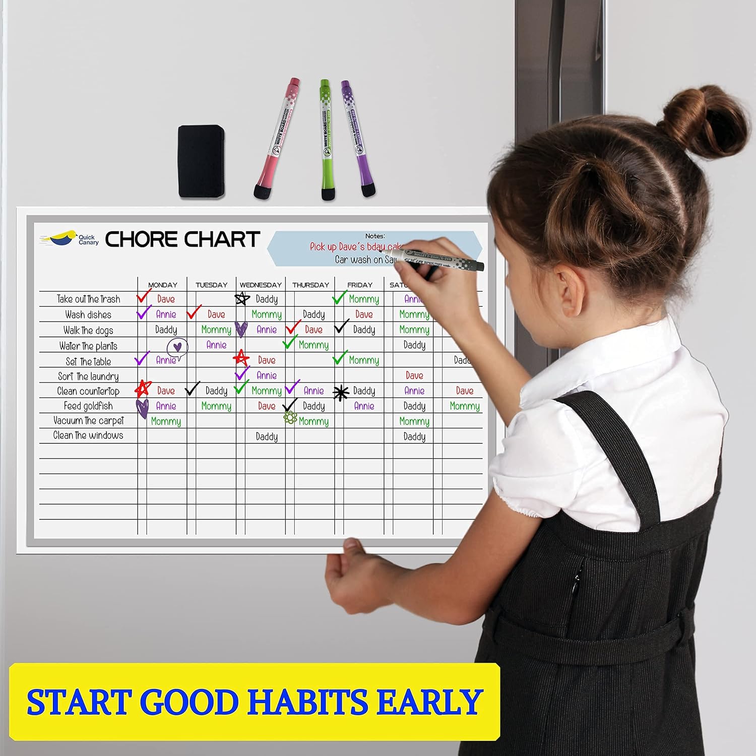 Quick Canary Family Bundle - Magnetic Dry Erase Monthly Calendar for Refrigerator - 17x12” - Magnetic Chore Chart for Kids and Adults with 4 Fine Tip Whiteboard Markers and Eraser
