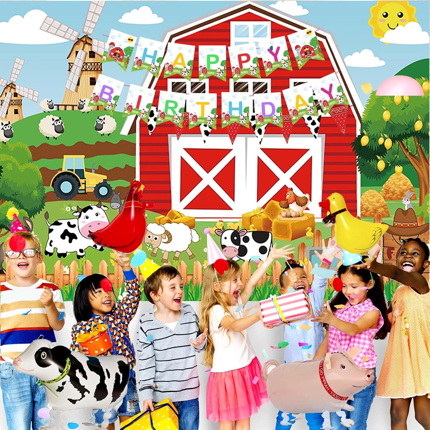 Farm Party Decorations, Farm Animal Themed Birthday Party Decorations Backdrop Balloon Arch Garland Banner Tablecloth Cake Cupcake Topper Barn Animals Red Yellow