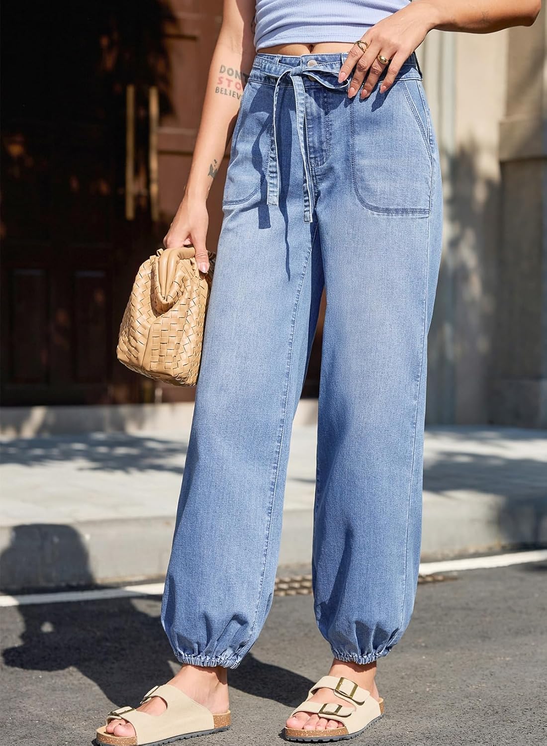 Sidefeel Women's Wide Leg Jeans High Waisted Drawstring Baggy Stretchy Trendy Harem Loose Ankle Denim Pants - Image 4