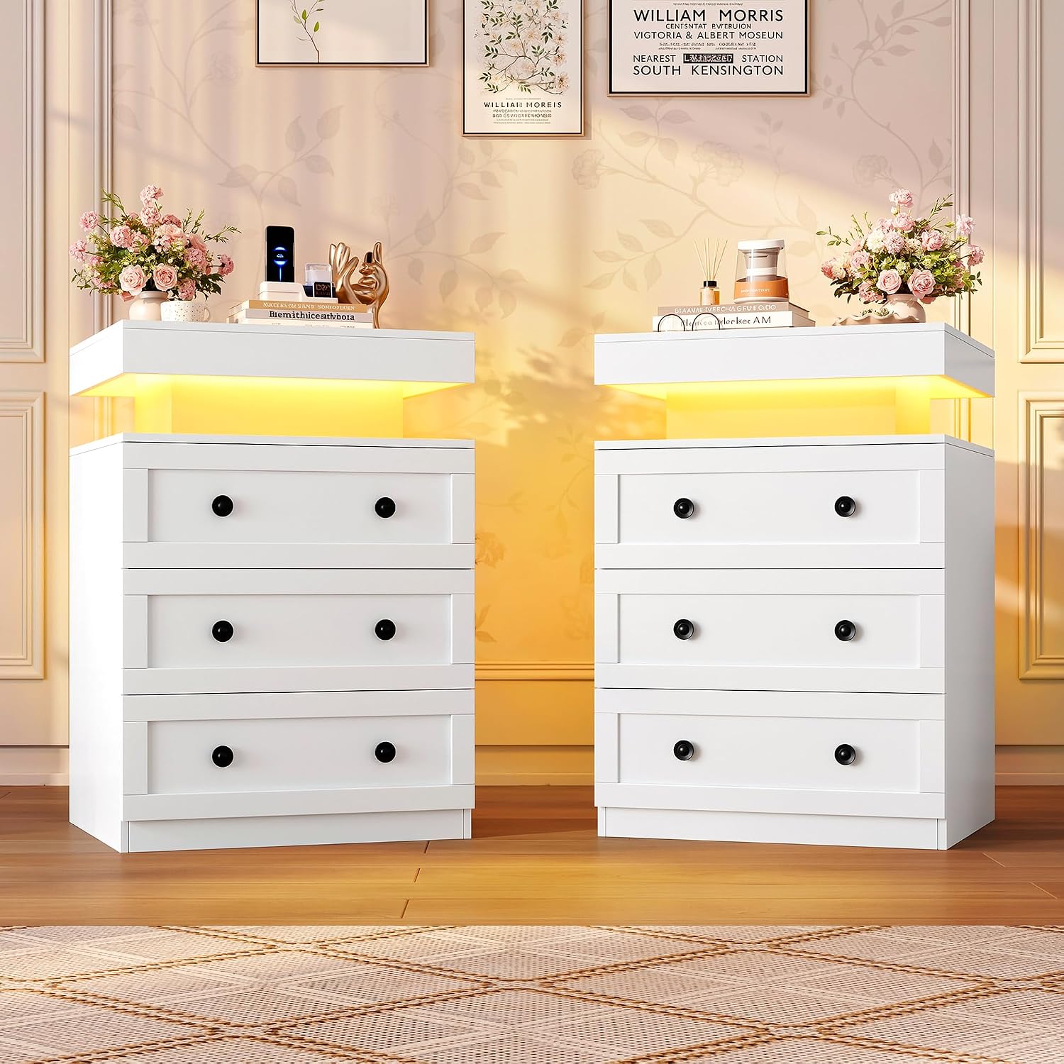 FOTOSOK Nightstands Set of 2 with LED Lights and Charging Station
