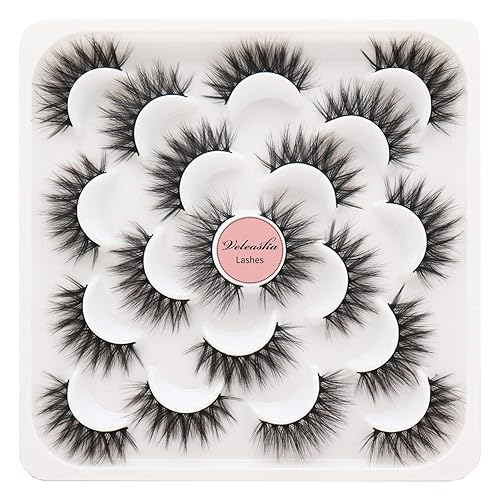 Veleasha Pestañas postizas naturales, esponjosas, suaves, finas, 3D, de visón sintético, paquete de 10 pares (V06)