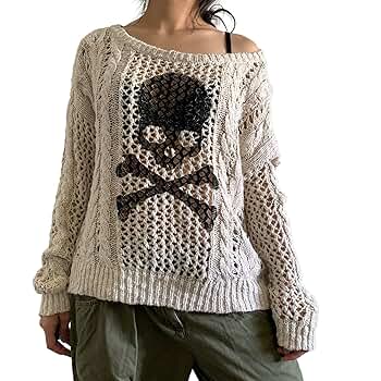 Women Gothic Skull Sweaters Y2K Grunge Long Sleeve Off