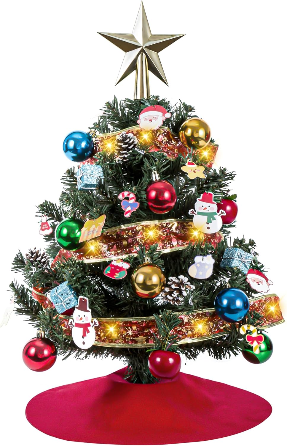 Small 2 FT Christmas Tree Decorations - Mini Christmas Table Top Tree Artificial, Xmas Desk 24 Inch Tree with Ribbon Lights, Ornament for Home Decor Indoor Office Holiday Tabletop Party (Green)