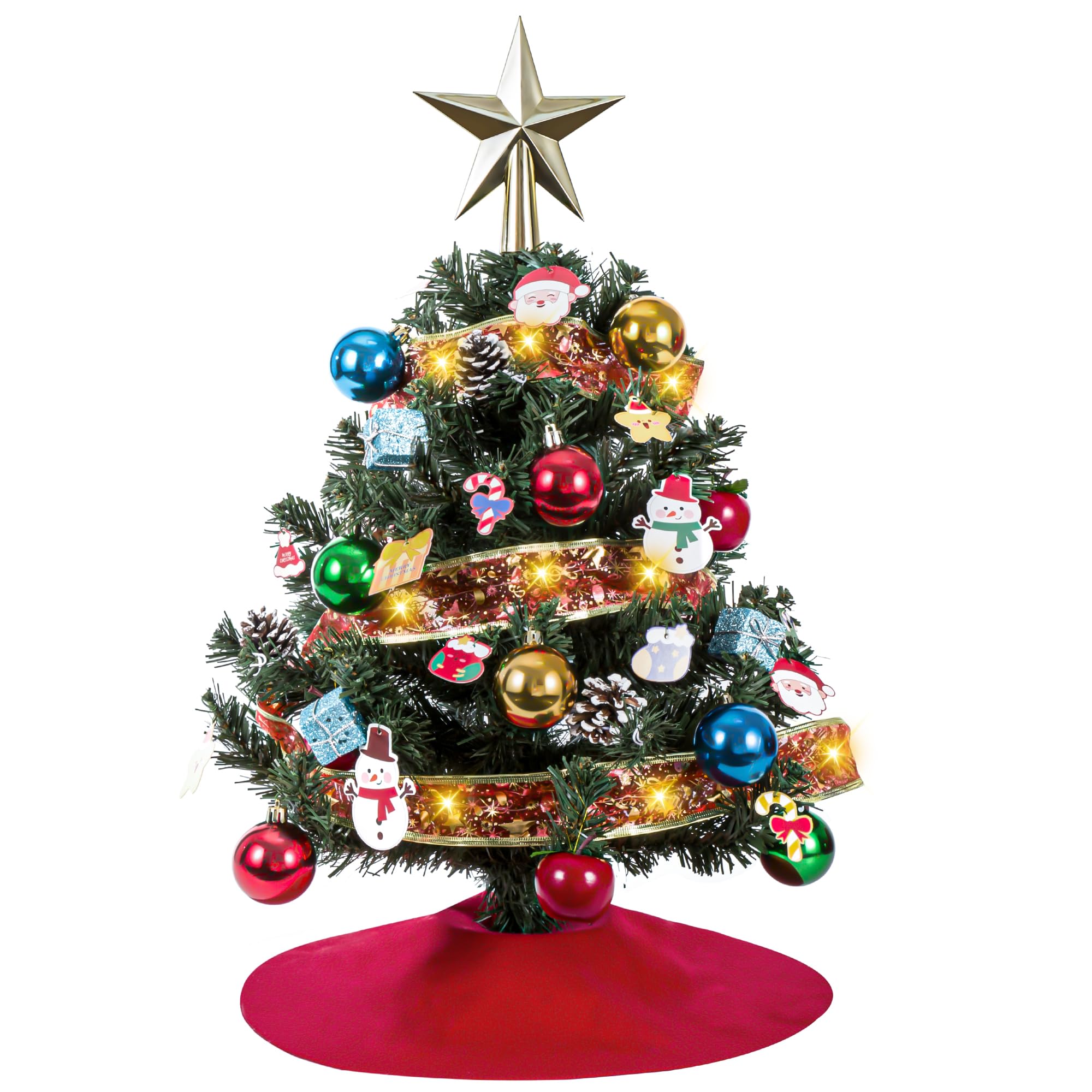 Small 2 FT Christmas Tree Decorations - Mini Christmas Table Top Tree Artificial, Xmas Desk 24 Inch Tree with Ribbon Lights, Ornament for Home Decor Indoor Office Holiday Tabletop Party (Green)