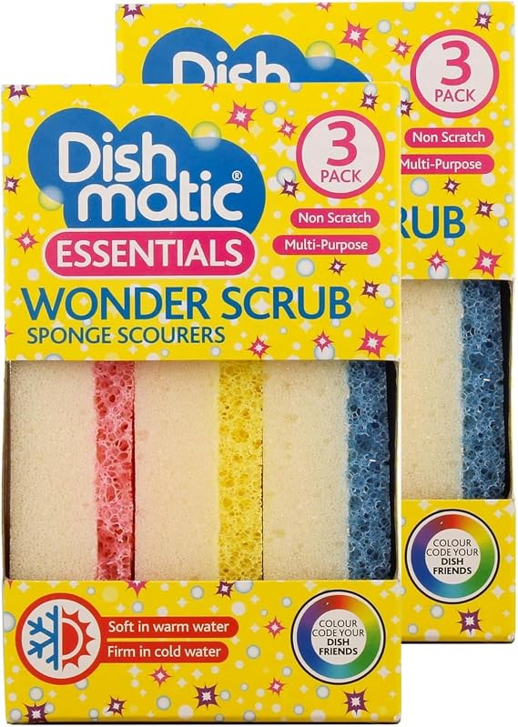 6 x Dishmatic Wonder Scrub Sponge Scourers – Non Scratch Multi-Purpose Cleaning Sponges – Dual Action Kitchen & Dish Washing Scourer Pads for Pots, Pans & Surfaces