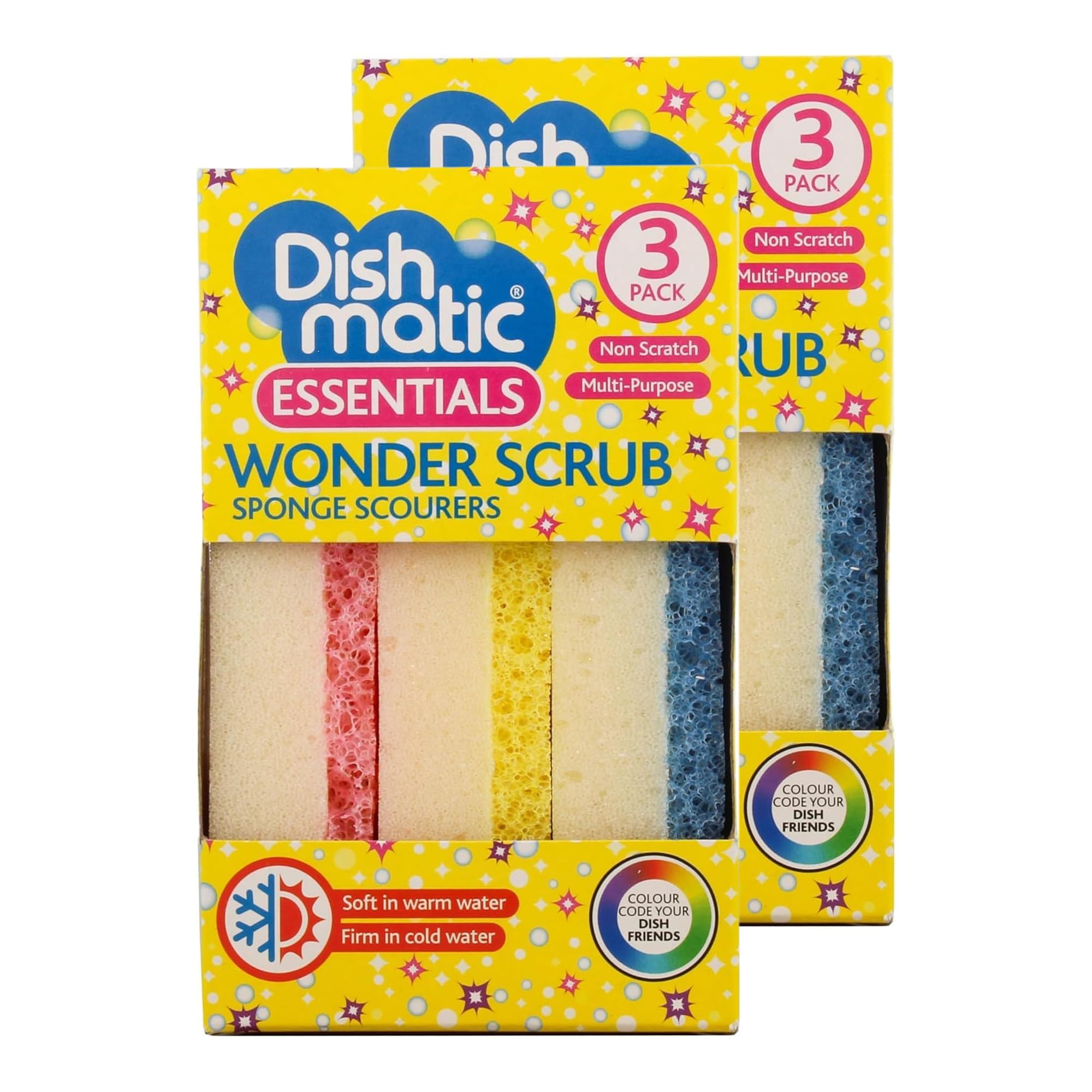 6 x Dishmatic Wonder Scrub Sponge Scourers – Non Scratch Multi-Purpose Cleaning Sponges – Dual Action Kitchen & Dish Washing Scourer Pads for Pots, Pans & Surfaces