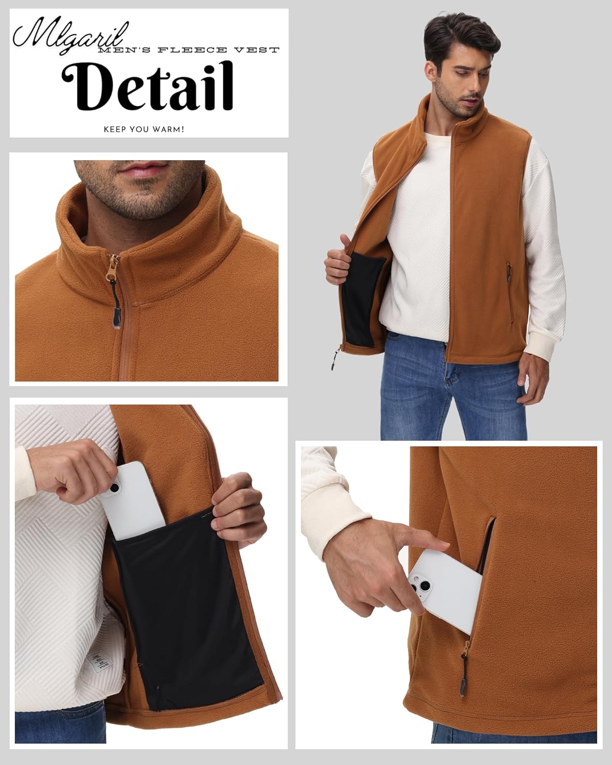 Mlgaril Men's Fleece Vest Full Zip Polar Fleece Sleeveless Jacket Lightweight Outerwear Golf Vests with Zipper Pockets - Image 5