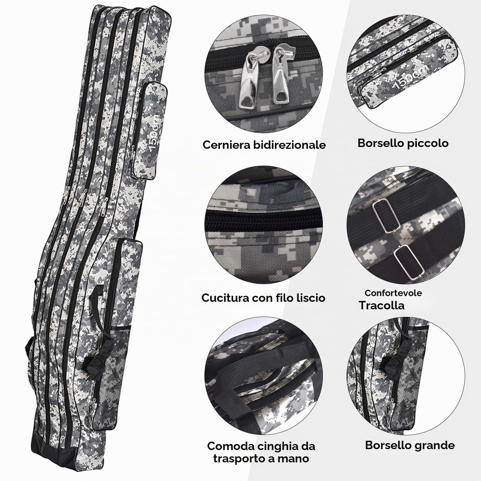 Dokeno Borsa per canna da pesca, 150 cm, 3 strati, impermeabile, con tracolla per il trasporto