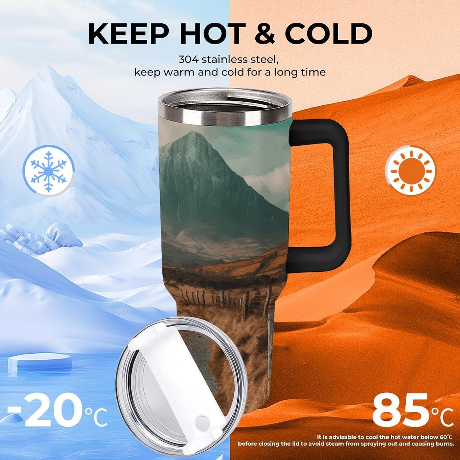 Tazas de ríos y montañas con popote y asa, taza de café con aislamiento al vacío de doble pared, botellas de agua para café helado, té, bebidas frías y calientes