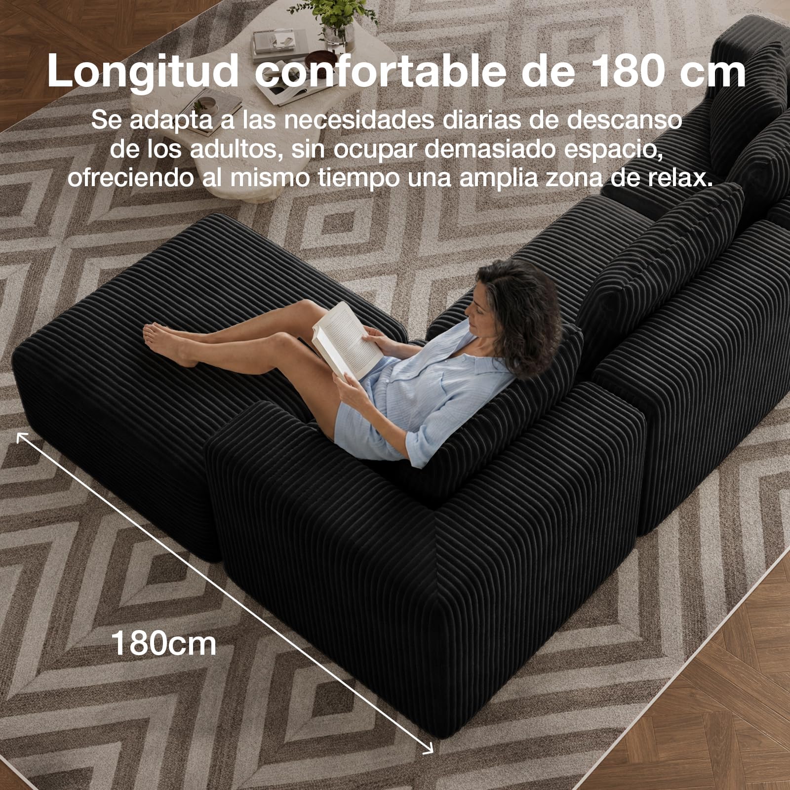 Novilla 270 cm Sofá Esquinero Modular Componible 3 Plazas en Terciopelo | Muelles Ensacados Smarts Coil®, Sin Montaje, Terciopelo Acanalado, 5 Cojines Incluidos