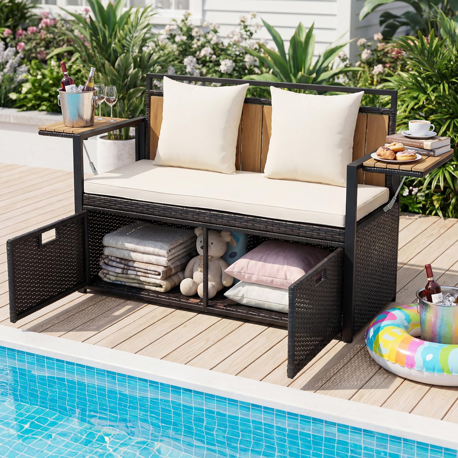 COSTWAY 2 en 1 Banc Coffre Extérieur en Rotin PE, Banc de Jardin 2 Places avec Coussins, Coffre de Rangement 142,5 L, 2 Tables d'Appoint Pliables, Charge 360 kg, pour Terrasse Jardin Balcon (Blanc)