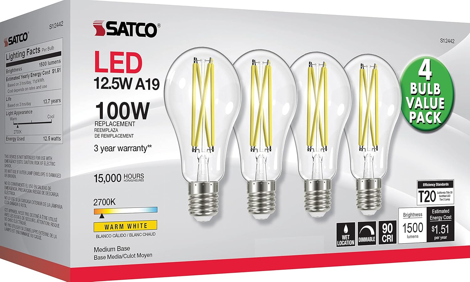 Satco S12442 A19 LED 4-Bulb Value Pack, 100W Replacement, 2700K, Clear