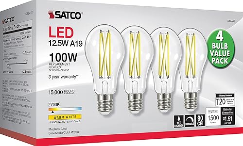 Miniatura 2 de Satco S12442 A19 - Paquete económico de 4 bombillas LED, reemplazo de 100 W, 2700 K, transparente