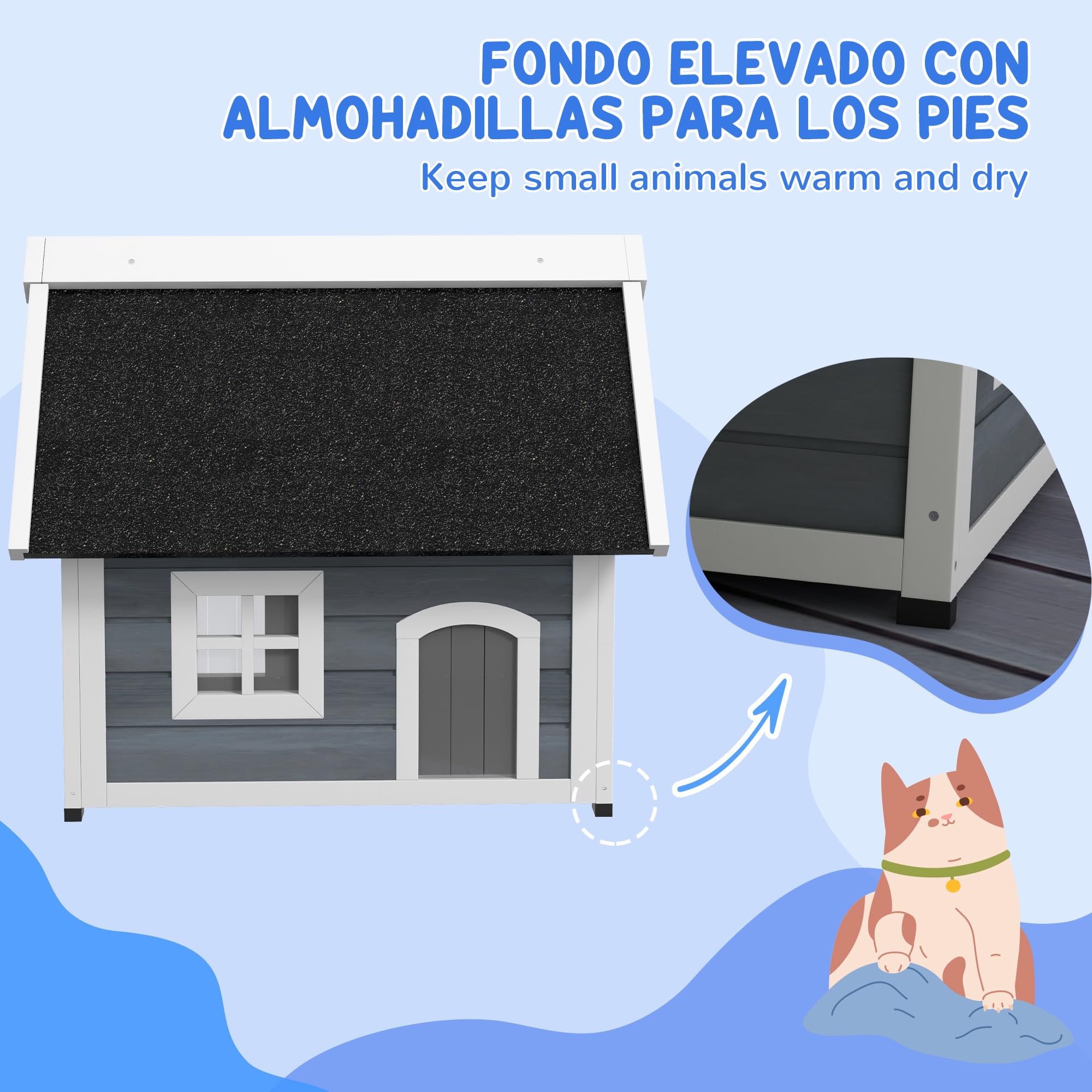 PawHut Casa para Gatos de Madera con Techo Asfáltico Abatible, Ventana y Puertas con Cortina, 77x57,5x68 cm Gris y Negro