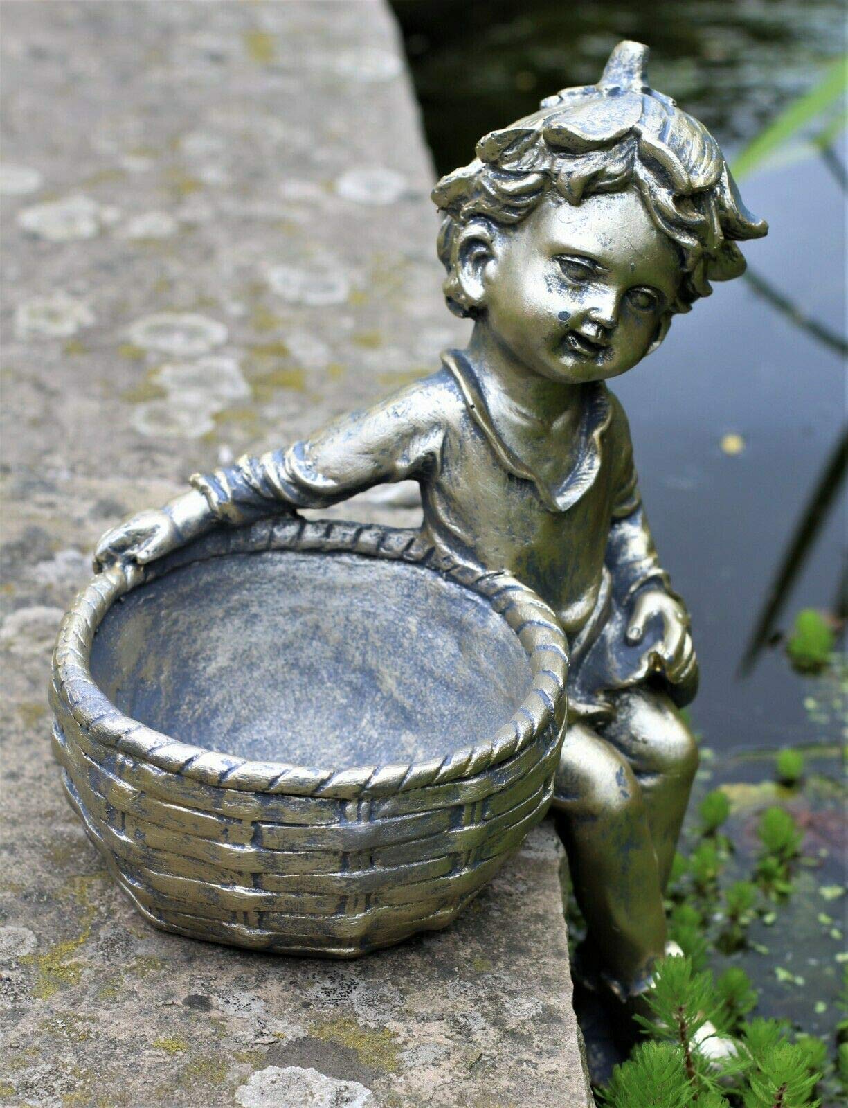 Hh Home Hut Boys Bronze Pixie Basket Garden Ornament Fairy Cherub Girl Pixie Bird Feeder Bath Planter 32 Cm