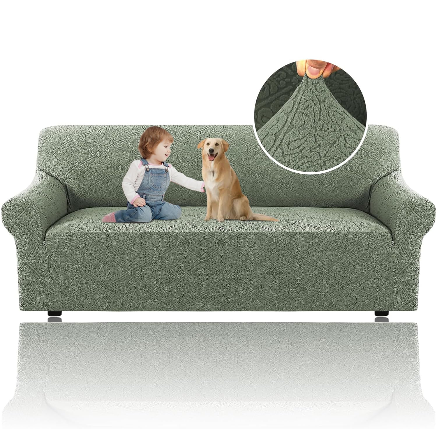 H.VERSAILTEX 2024 Newest Jacquard Couch Covers for 3 Cushion Couch 1 Piece Stretch Sofa Covers Furniture Protector Anti-Slip Soft Thickened Dogs Slipcovers Washable Damask Pattern(Sofa, Sea Grass)