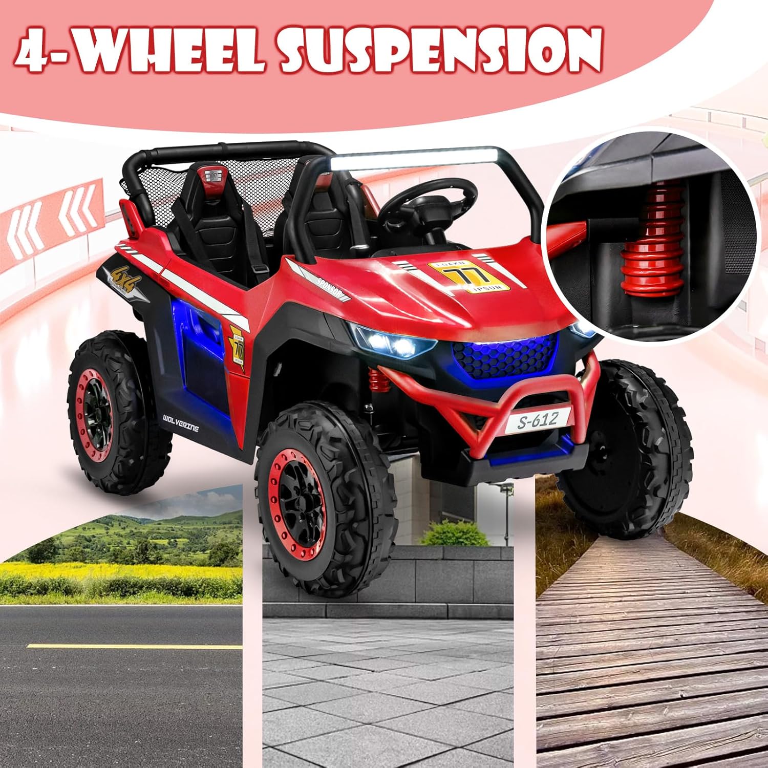 OLAKIDS 2 Seater Ride on Car for Kids, 12V UTV Kids' Electric Vehicles with Remote Control, Spring Suspension, Soft Start, Music Bluetooth FM, Battery Powered for Ages 3-8 (Red)