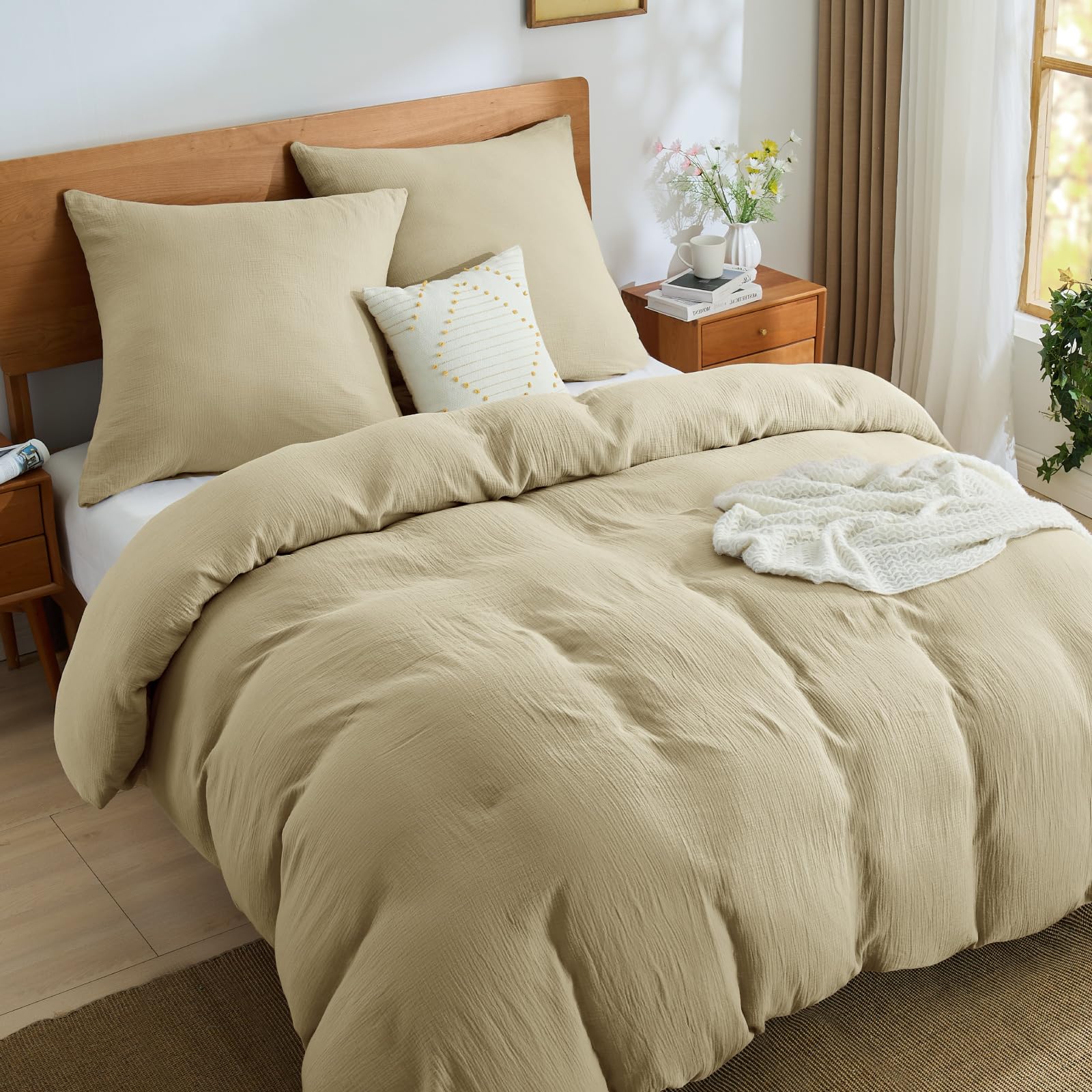 BEDELITE Musselin Bettwäsche 200x220 Baumwolle - ÖKO-TEX Bettwäsche-Sets Khaki Braun 3teilig mit Reißverschluss, Bettbezug 220x200 mit 2 Kissenbezüge 80x80 cm, weiche und atmungsaktiv