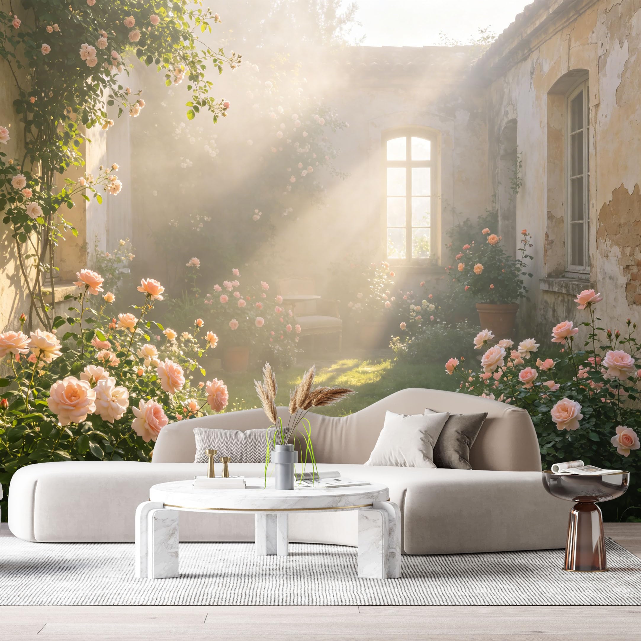 Custom Size Wall Murals Botanical Farmhouse Oil Painting Pink Rose Flowers Sunlight Window Interior View SelfAdhesive Wall Fabric Removable Large Wallpaper for Photo Living Room