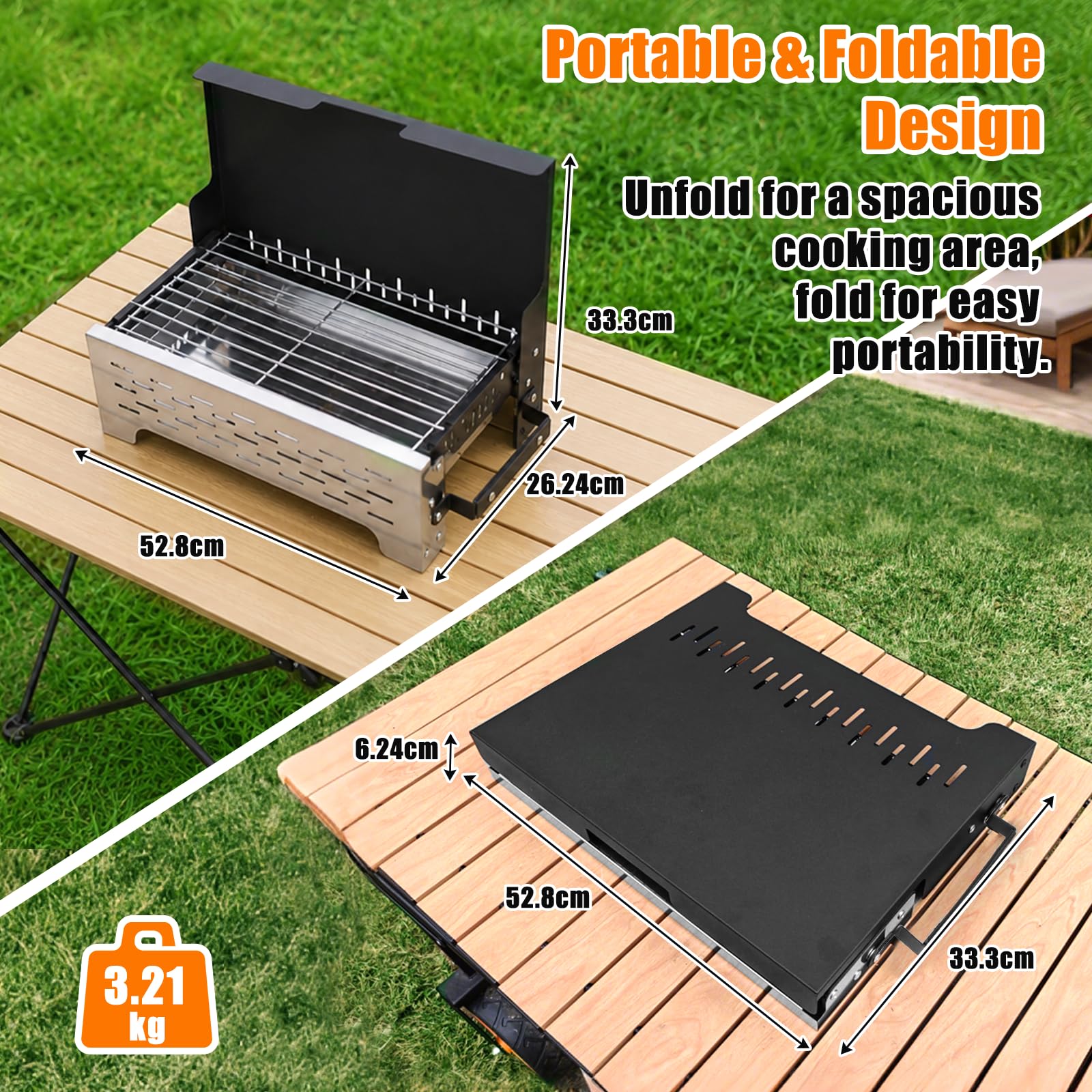 GFTIME Klappgrill Camping Grill Holzkohlegrill Tischgrill für Outdoor BBQ, Edelstahl Tragbar Faltbar Grill mit Tragetasche für Camping, Picknick, Gartenkochen und Terrasse
