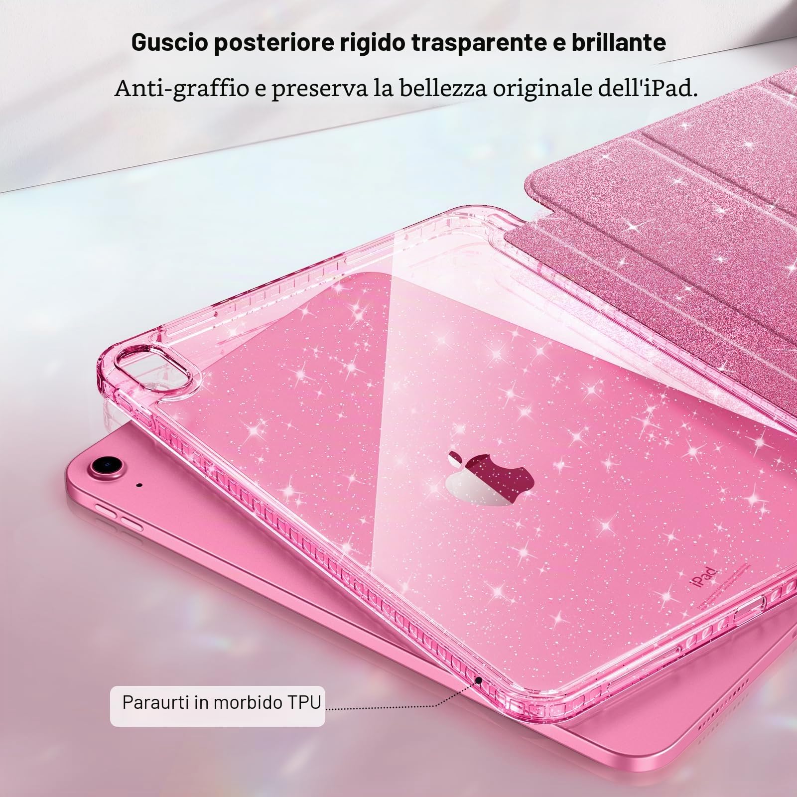 FINTIE Cover iPad 11" (2025) A16 11ª Generazione Antiurto Glittering Trasparente Custodia Posteriore con Auto Sveglia/Sonno, Magenta