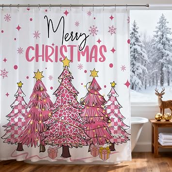 Lindameler Pink Christmas Tree Shower Curtain Winter Snowflake Bathroom Curtain Merry Christmas Pine Tree Shower Curtain Set Holiday Bathroom Decor with Hook 72x72inch Pink, 72x72 inch