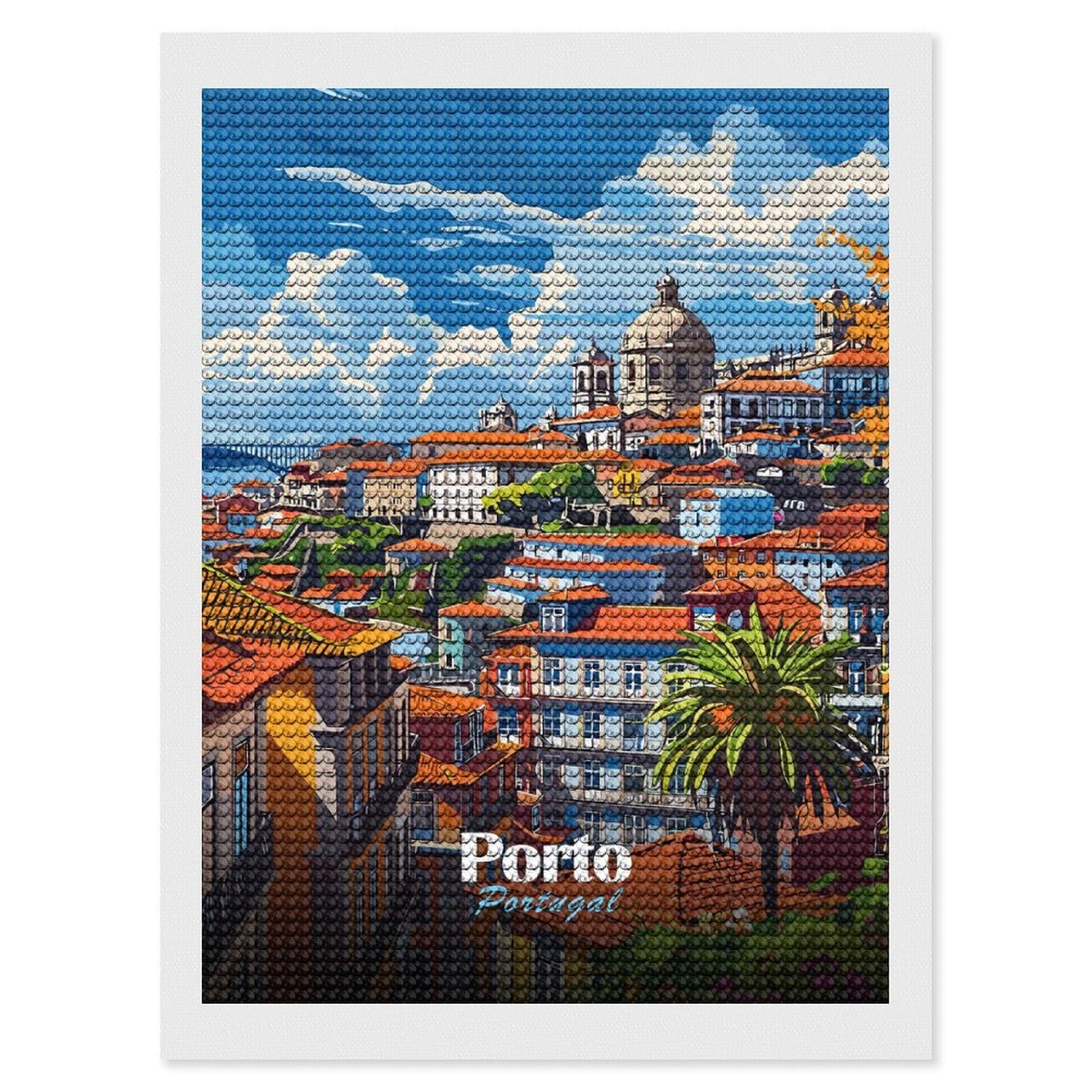 Junmoney Porto Cityscape Diamond Painting Canvas Set 12"x16", for Adults, Sparkling Round Gems, Thoughtful Handmade Gift, Modern Decor