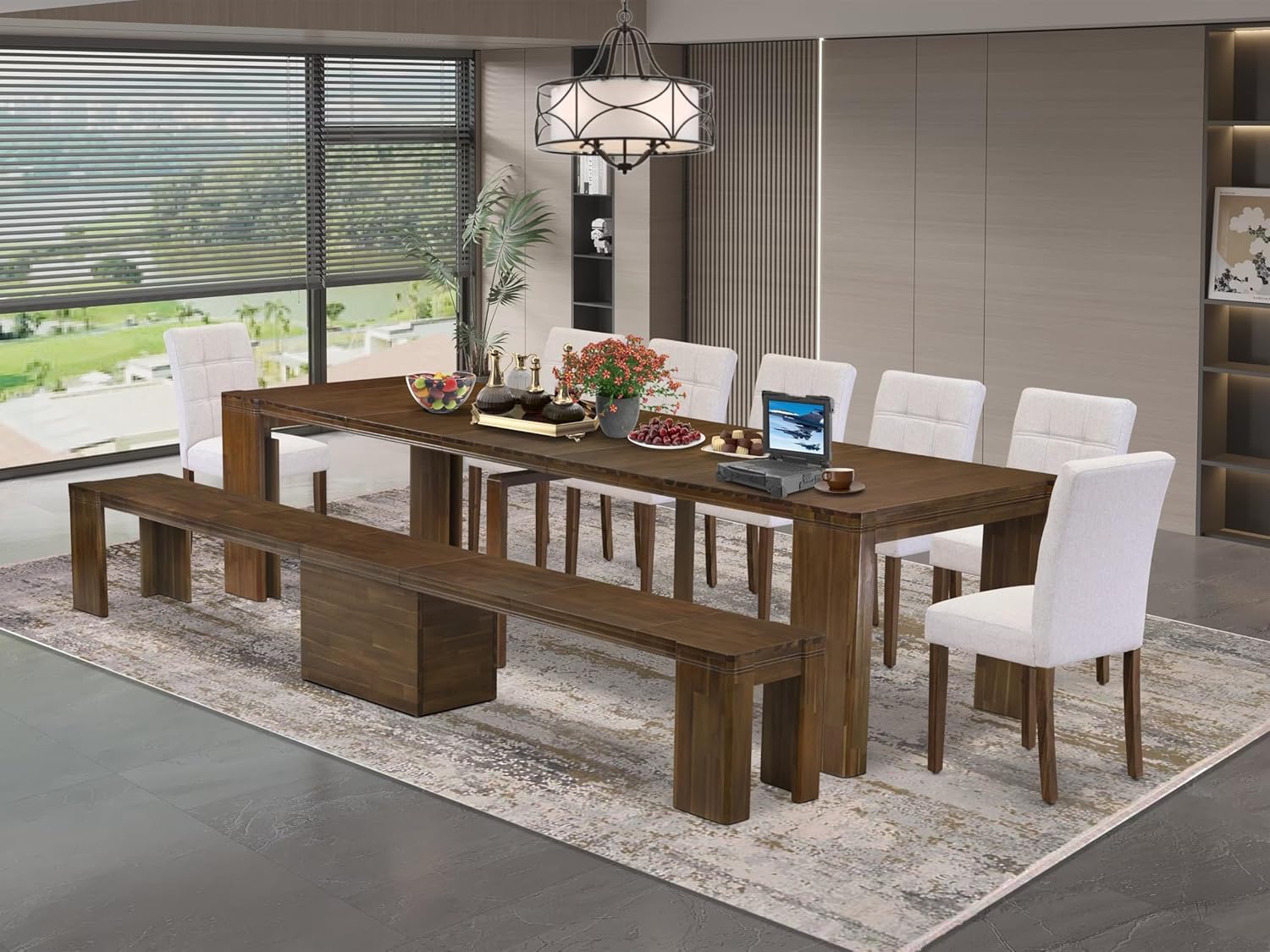 X07AS-B08-27 9-Pc Mid Century Dining Table Set contains an Extendable Rectangle Kitchen Table, 7 Polyester Dining Chairs and 1 Modern Bench, 39x120 Inch, Antique Walnut