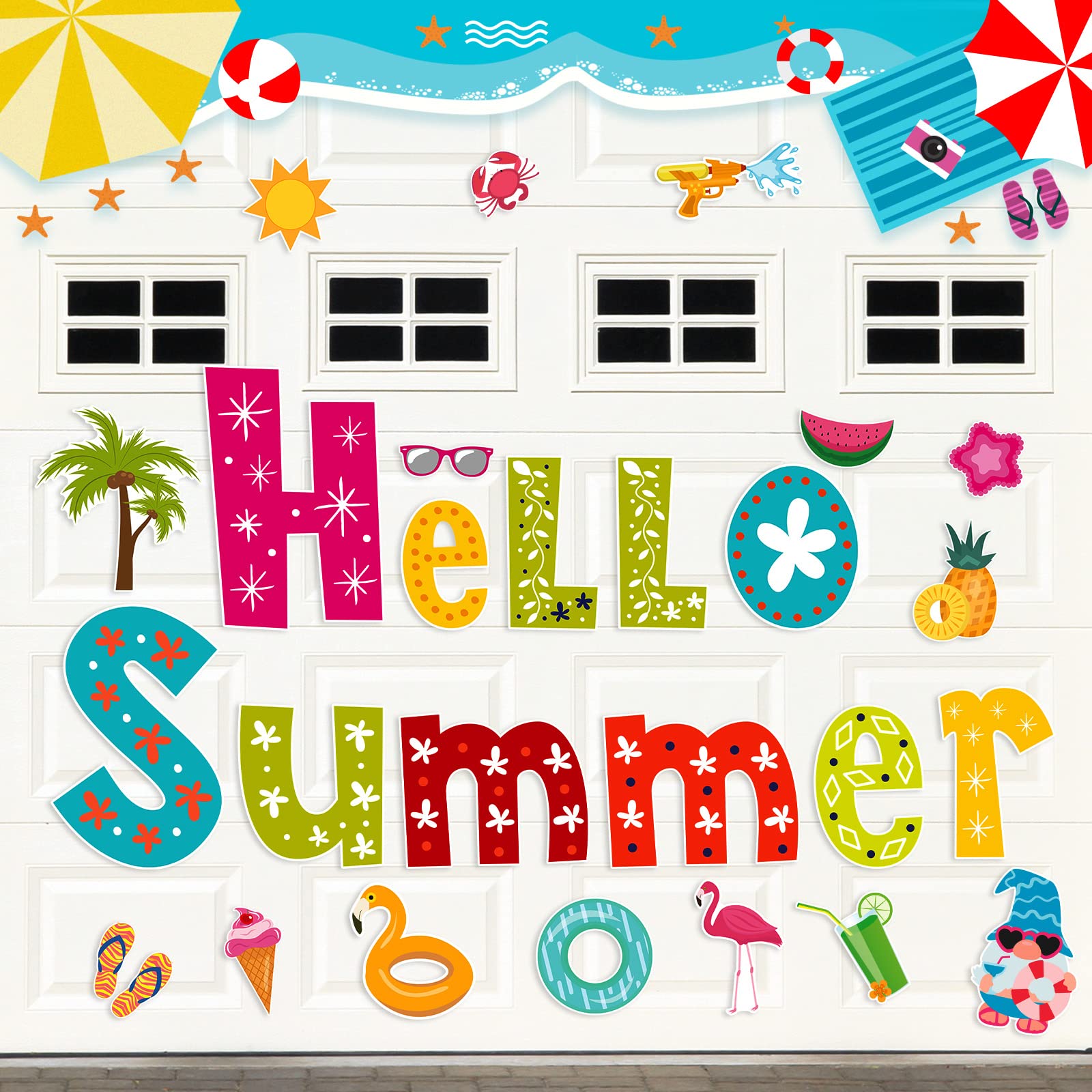 26 Pieces Summer Garage Door Decorations Magnets Hello Summer Garage Magnetic Stickers Sun Watermelon Refrigerator Car Decals Summer Season Decor Holiday Magnets for Summer Car Garage Decor