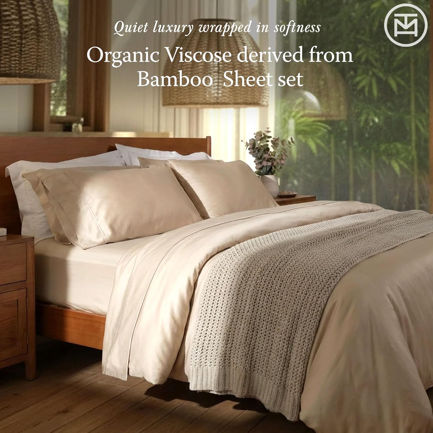 Threadmill Luxury Viscose Made from Bamboo Sheets Queen Size | Temperature Regulating Sheets for Queen Mattress |Breathable & Cooling Deep Pocket Bed Sheets| Luxury Bedding|Beige