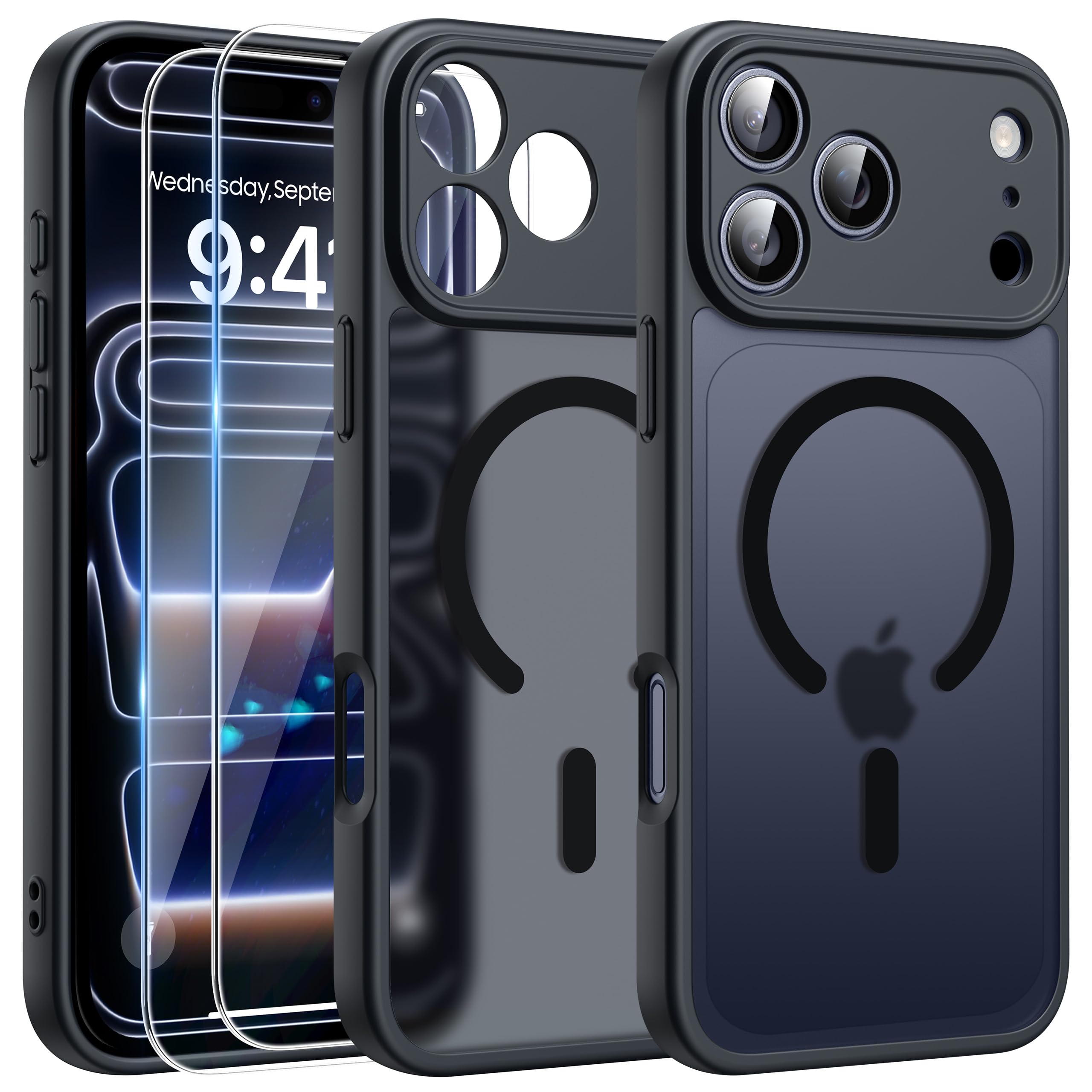 FLLAO Magnetica Cover per iPhone 18 Pro / iPhone 17 Pro, Nero | Compatibile con MagSafe, con 2 Pezzi Vetro Temperato Pellicola, Protezione Fotocamera, Custodia Traslucida Opaca Antiurto