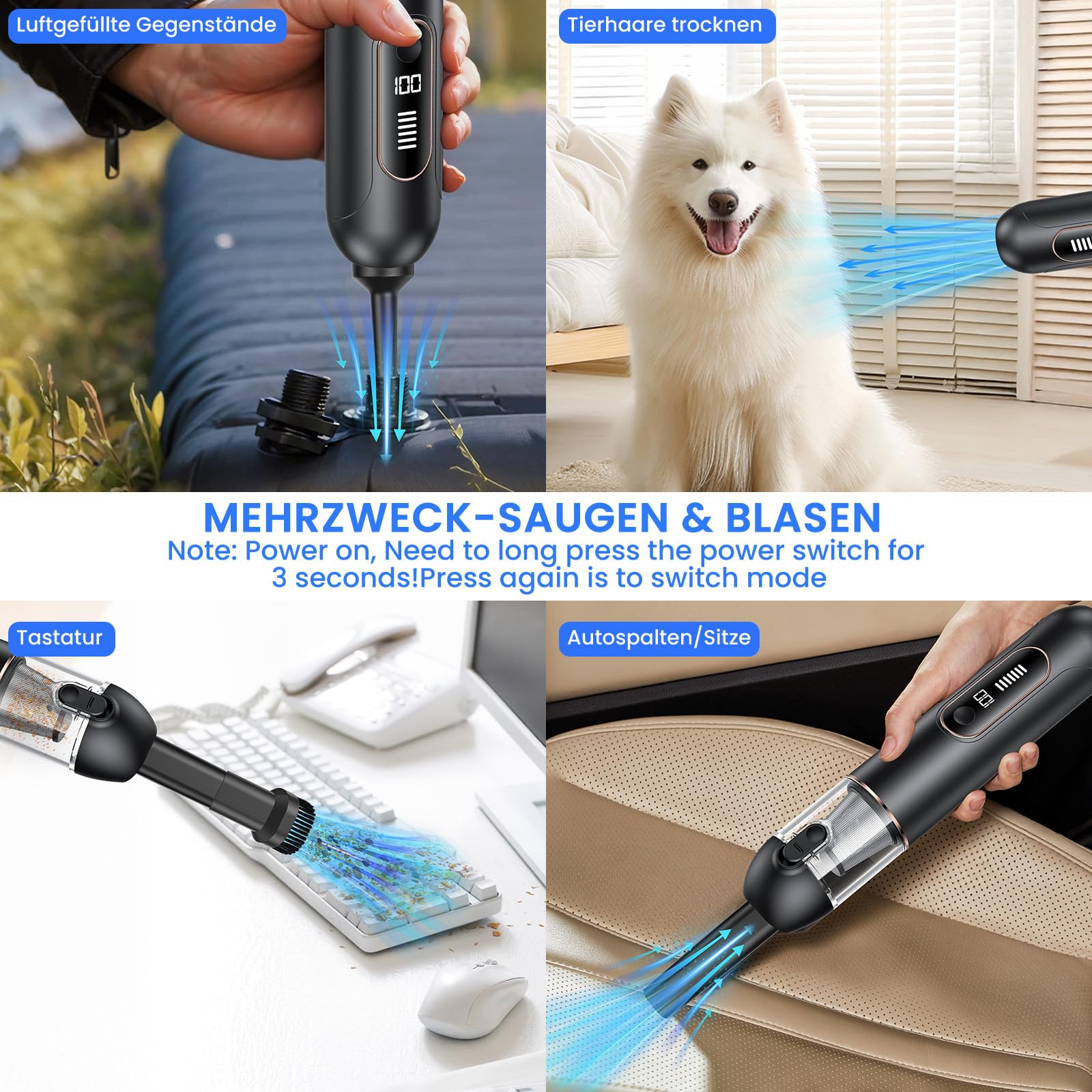 HOVIN Aspirateur à Main sans Fil - 20000pa Puissant Mini aspirateur pour Voiture, PC, canapé, Maison, Fissures et Coins - Accessoire de Voiture - Peut être utilisé comme Pompe de gonflage électrique