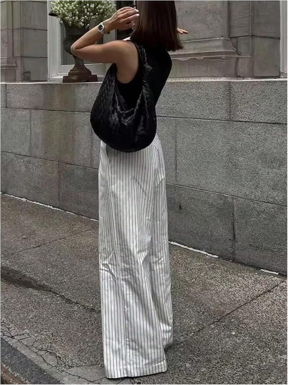 MakeMeChic Women's Striped Wide Leg Pants Elastic Waist Baggy Business Dress Trousers - Image 3