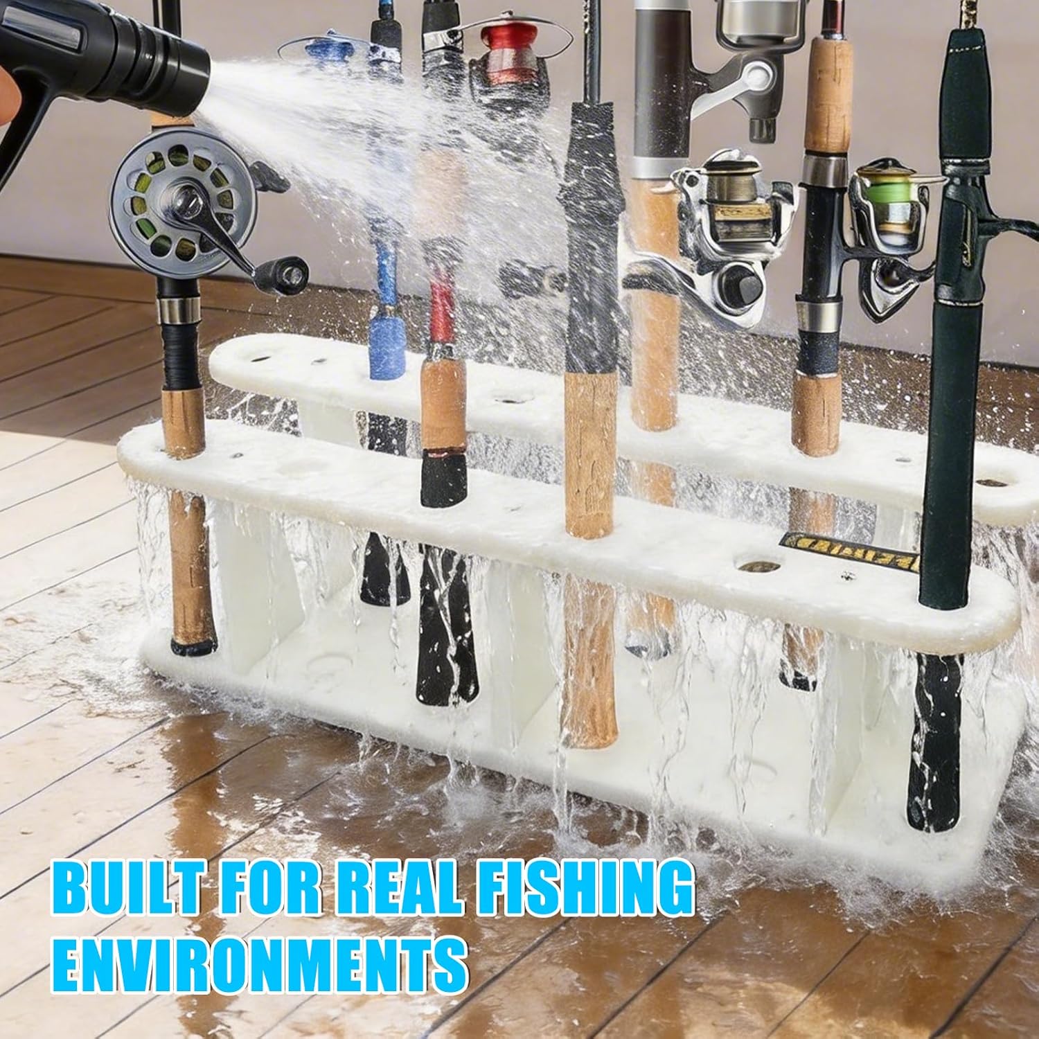 Heavy-Duty HDPE Fishing Rod Holder Rack for 12 Rods – Deck & Dock Mount Rod Storage with Stainless Steel Hardware, Wide Spacing Design for Large Reels, UV & Corrosion Resistant