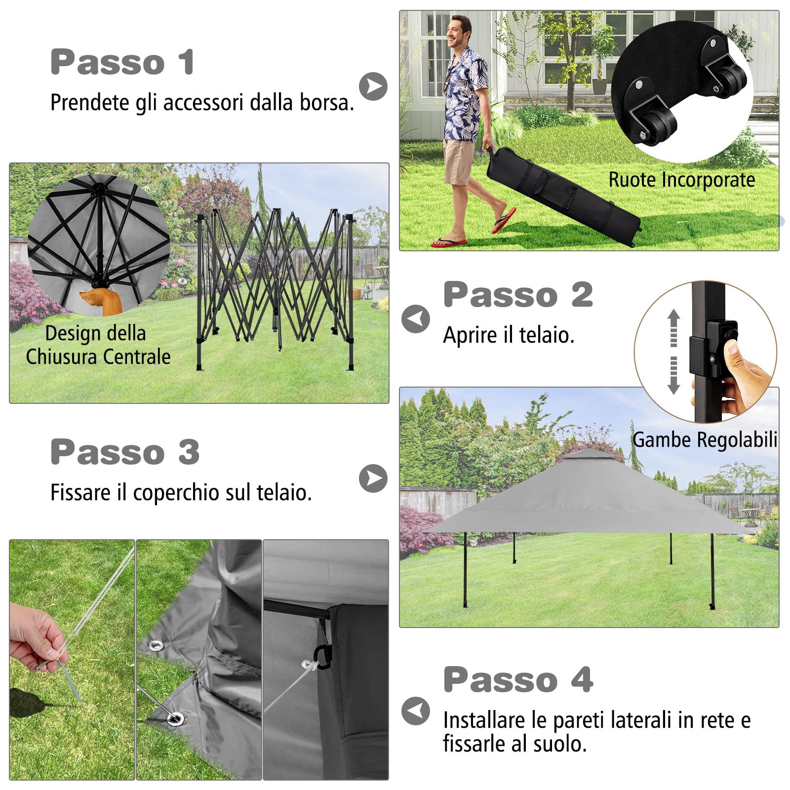 RELAX4LIFE Gazebo da Giardino 4x4M, Pop-up Pieghevole con Zanzariera e Doppio Tetto, Altezza Regolabile per Patio, Giardino e Cortile (GRIGIO)